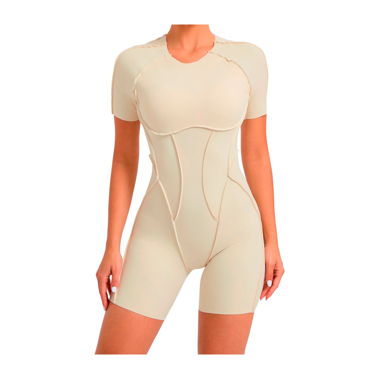 Beige body shaper worn by a person on a white background