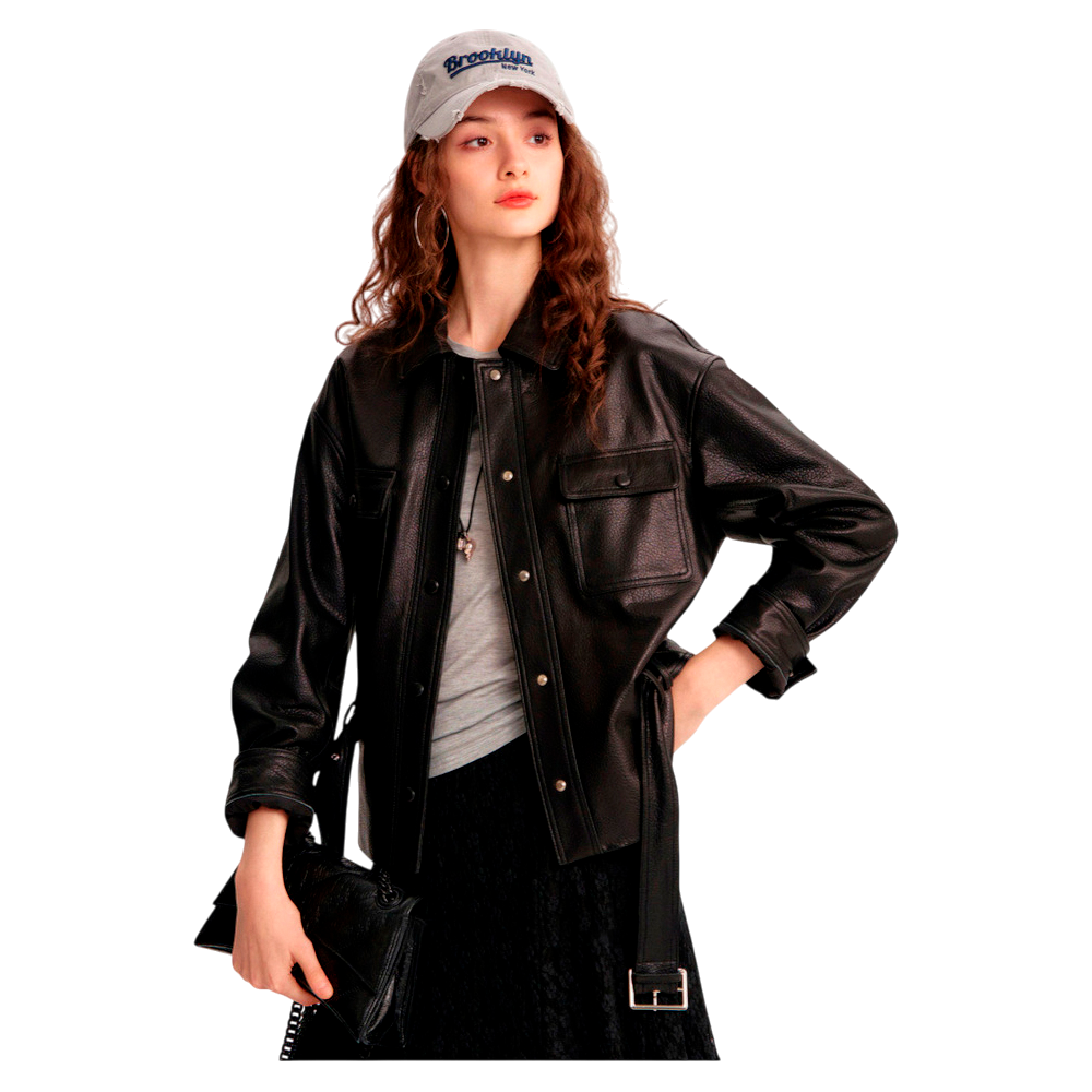 Person wearing a black leather jacket and gray cap on a white background