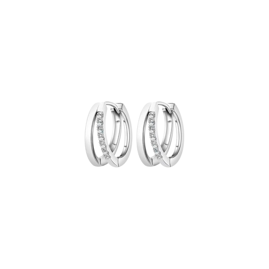 Pair of silver hoop earrings with small diamonds on a white background