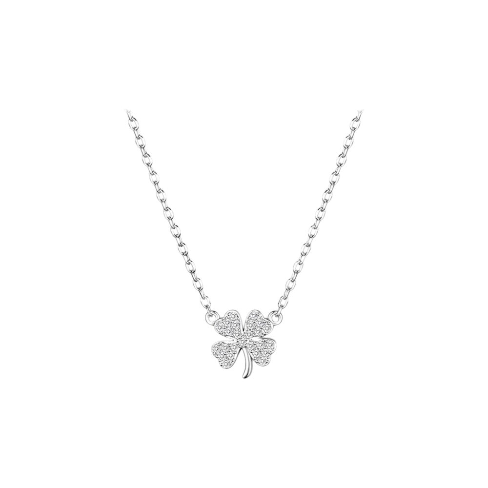 Silver four-leaf clover necklace on a white background