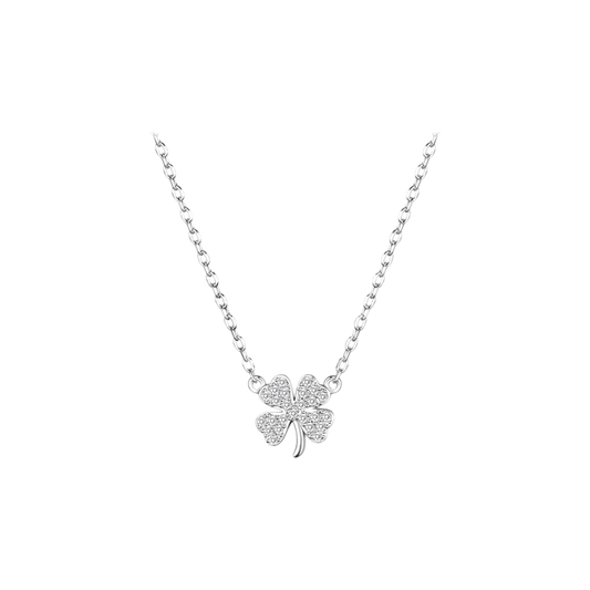 Silver four-leaf clover necklace on a white background