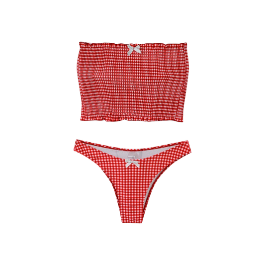 Red and white checkered bikini set on a white background