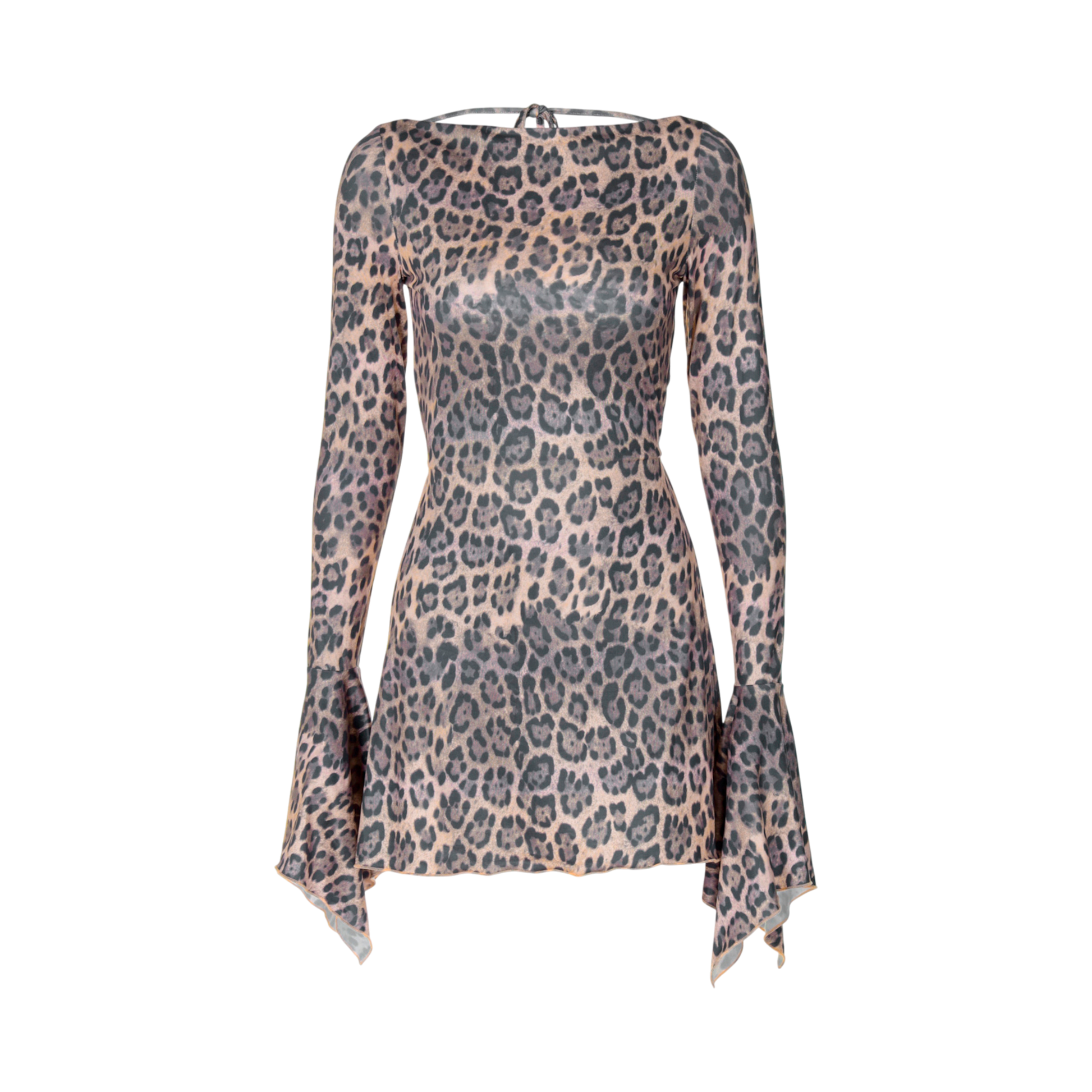 Leopard print dress with long sleeves on a white background