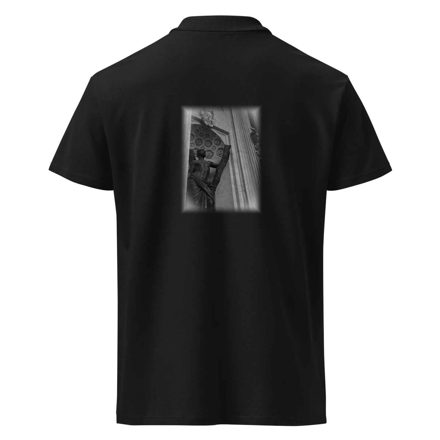 Made from 100% combed ring-spun cotton pique. Fabric weight: 6.2 oz/yd² (210 g/m²). Designed with a regular fit, ribbed collar, tone-on-tone 3-button placket, straight hem with side slits, and a spare button on the inside seam. Finished with a large monochrome DTFlex architecture print on the back.