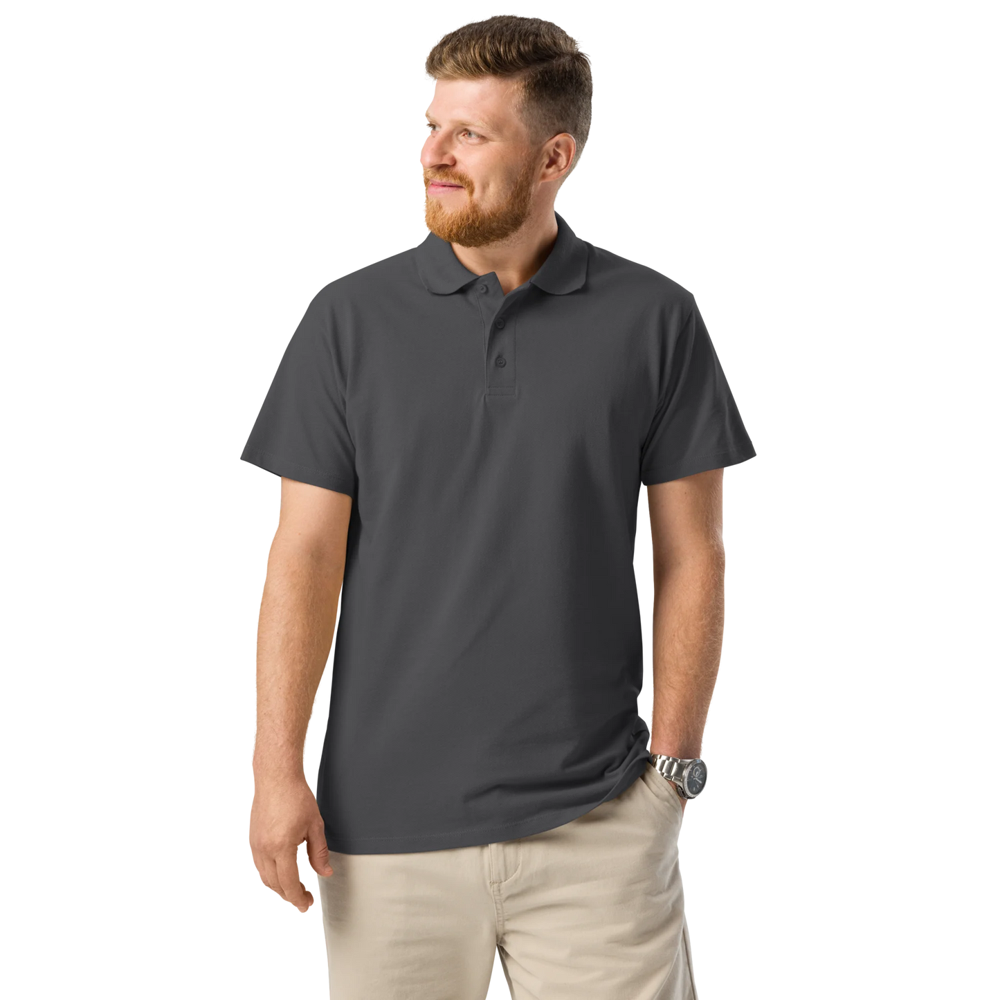 Made from 100% combed ring-spun cotton pique. Fabric weight: 6.2 oz/yd² (210 g/m²). Designed with a regular fit, ribbed collar, tone-on-tone 3-button placket, straight hem with side slits, and a spare button on the inside seam. Finished with a large monochrome DTFlex architecture print on the back.