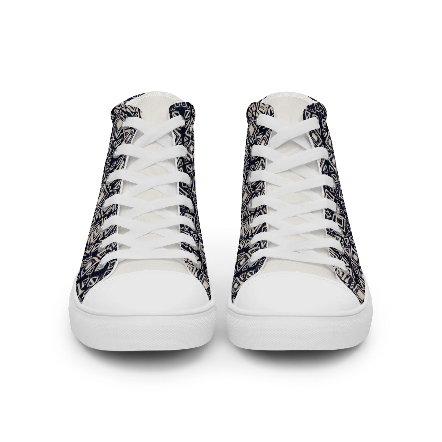 Made with a 100% polyester canvas upper, faux leather toe cap, breathable lining, removable insole, padded collar, lace-up front, and EVA rubber outsole. Designed with white soles and matching white laces. Finished with an all-over black and beige geometric sublimation print on the shoe quarters, plus custom branding on the tongue and inside label