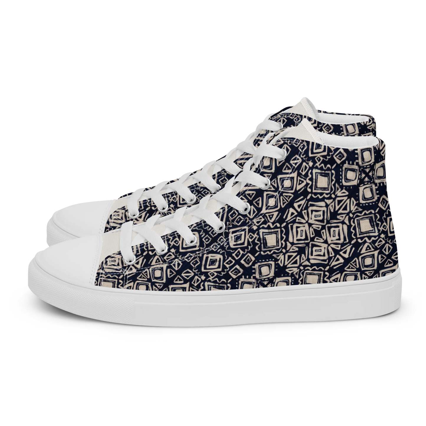 Made with a 100% polyester canvas upper, faux leather toe cap, breathable lining, removable insole, padded collar, lace-up front, and EVA rubber outsole. Designed with white soles and matching white laces. Finished with an all-over black and beige geometric sublimation print on the shoe quarters, plus custom branding on the tongue and inside label