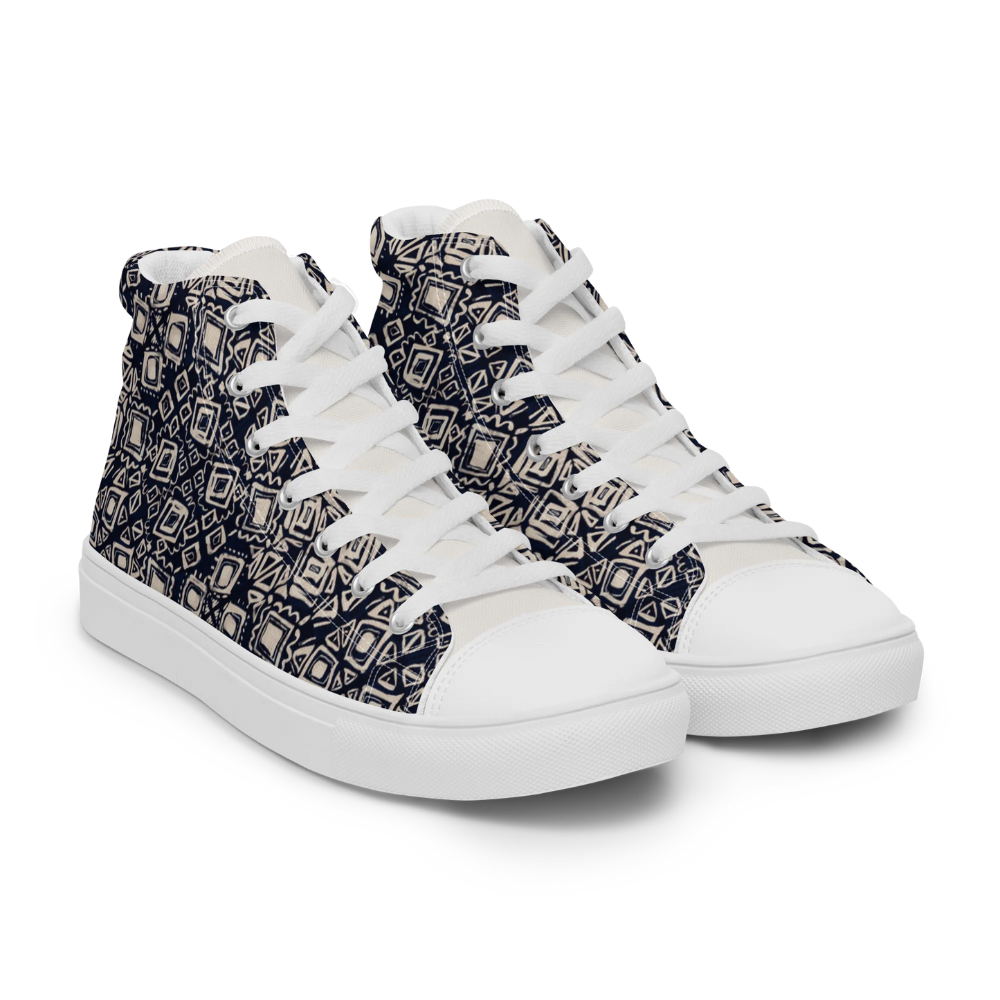 Made with a 100% polyester canvas upper, faux leather toe cap, breathable lining, removable insole, padded collar, lace-up front, and EVA rubber outsole. Designed with white soles and matching white laces. Finished with an all-over black and beige geometric sublimation print on the shoe quarters, plus custom branding on the tongue and inside label