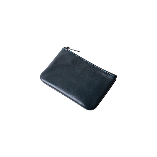 Black leather pouch with zipper on a white background