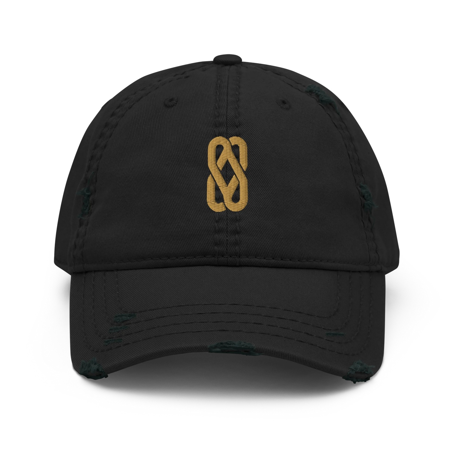 Made from 100% pre-shrunk cotton twill. Designed as an unstructured 6-panel cap with a low profile, soft crown, curved visor, six sewn eyelets, four stitched rows on the visor, seamed front panel without buckram, and adjustable hook-and-loop closure. The crown and visor feature distressed fabric detailing for a worn-in appearance. Finished with Old Gold Solstice Loop embroidery on the front.