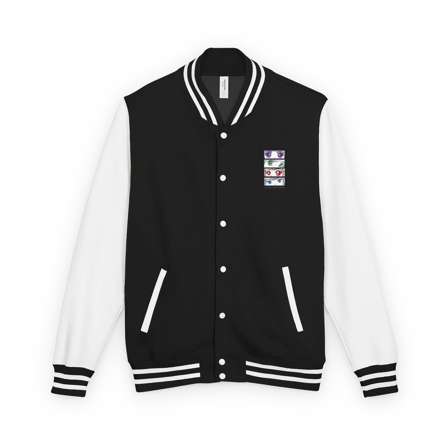 Made from a heavyweight fabric blend: 80% ring-spun cotton and 20% polyester. Fabric weight: 9.73 oz/yd² (330 g/m²). Designed with a regular fit, contrast sleeves, snap-button closure, brushed fleece interior, knitted collar, cuffs, and waistband, slash pockets, and a sewn-in label. Finished with a left-chest DTF graphic print. Optional text personalization is available for this item.