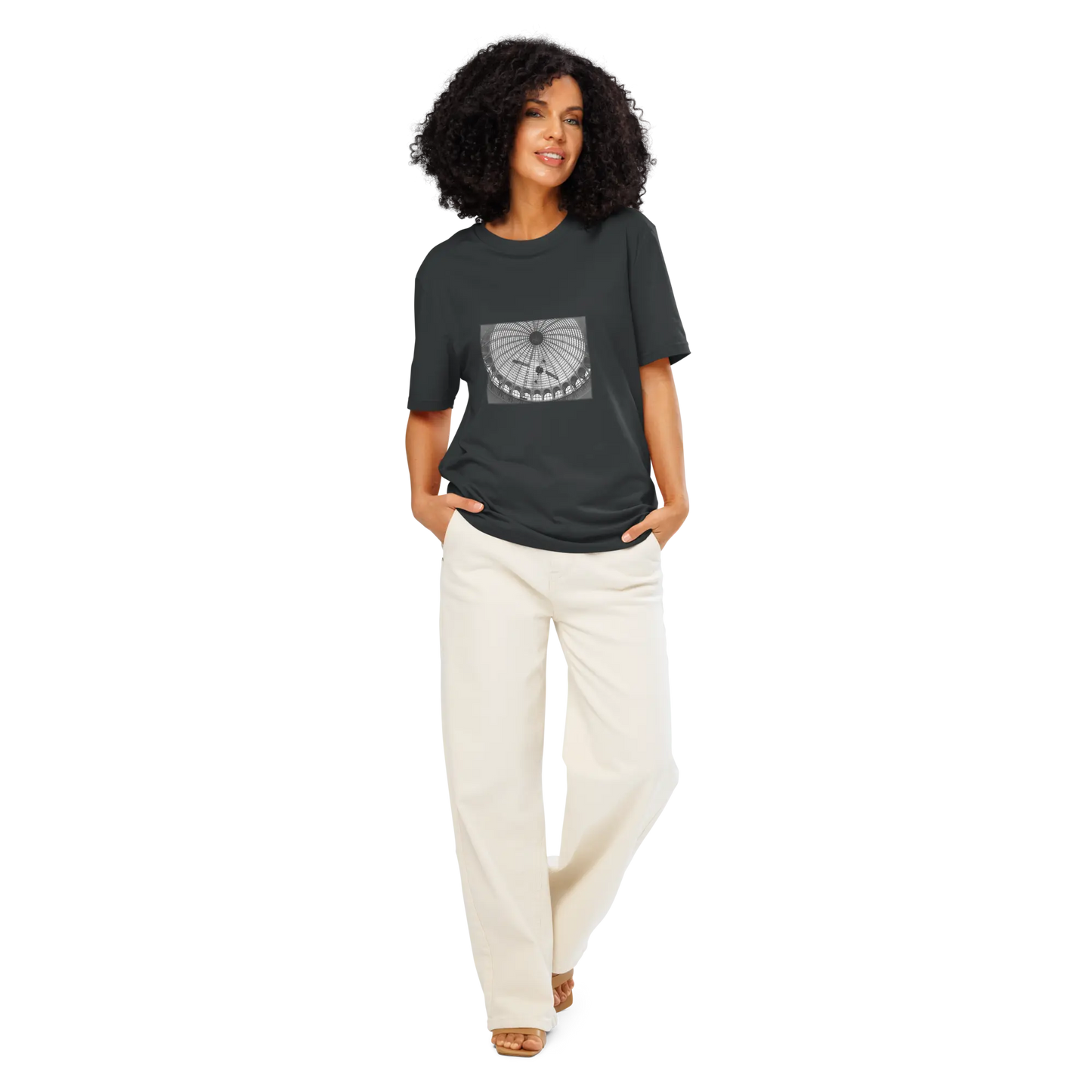 Made from 100% organic combed ring-spun cotton. Fabric weight: 5.3 oz/yd² (180 g/m²). Designed with a regular fit, set-in sleeves, 1×1 ribbed collar, double-needle topstitching on the sleeves and bottom hem, and self-fabric neck tape inside the back. Finished with a front DTG architectural print and a custom inside label.