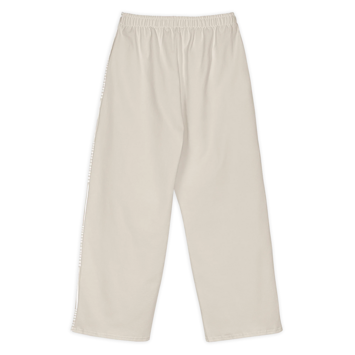 Made from 95% cotton and 5% elastane with a substantial fabric weight of 8.85 oz/yd² (300 g/m²). Designed with a relaxed unisex fit, wide legs, an elasticated waistband, and a medium-soft heavyweight feel. The front panels feature a warm ivory and white linear print, while the back remains solid warm ivory.
