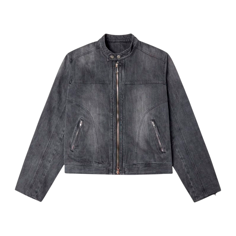 Gray denim jacket with zippers on a white background