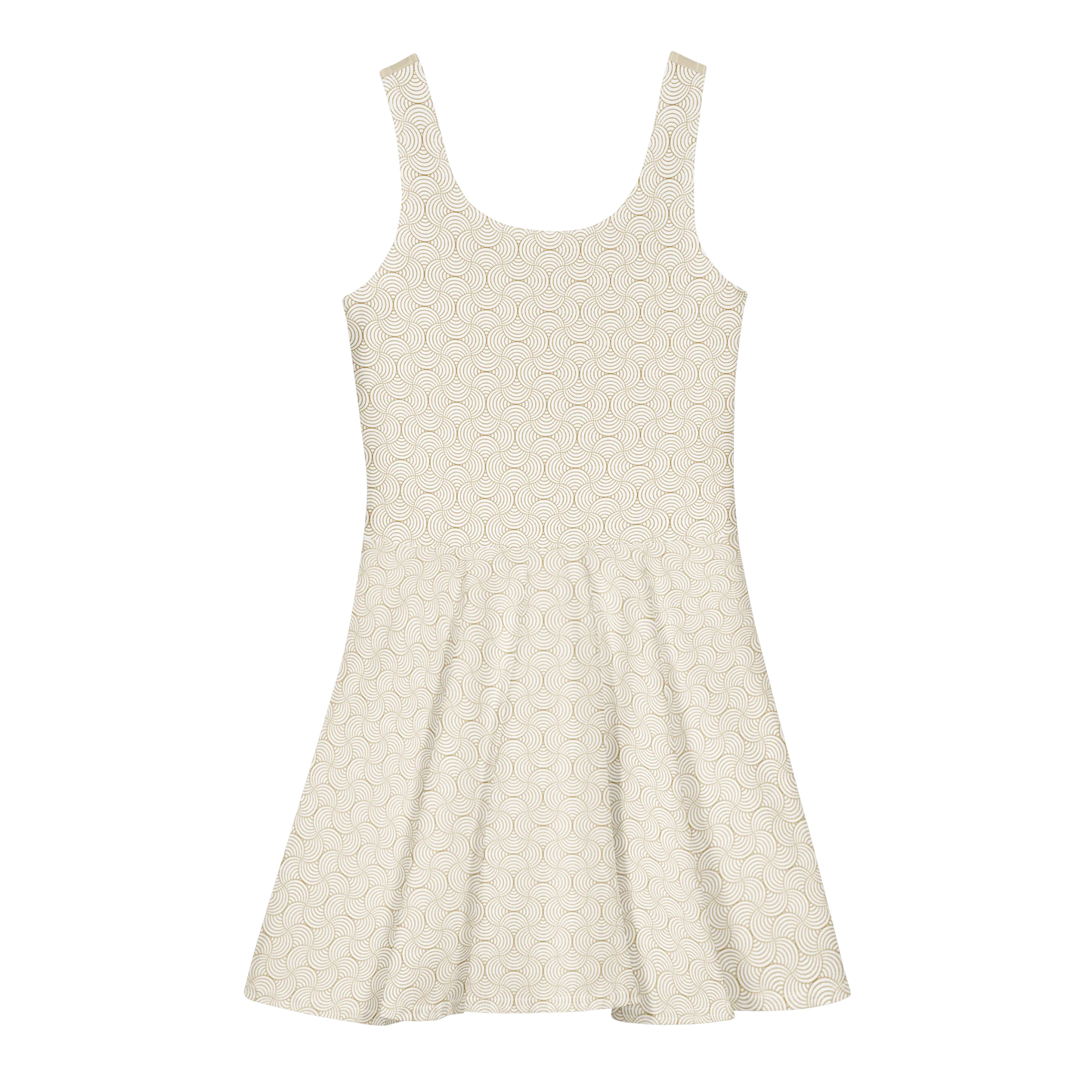 Made from a heavyweight cotton-spandex blend: 95% cotton and 5% elastane. Fabric weight: 8.85 oz/yd² (300 g/m²). Designed with a fitted sleeveless top, scoop neckline, mid-thigh flared skirt, overlock seams, and coverstitch hemline. Finished with an all-over cotton print featuring a soft gold arc-lattice pattern on a beige base, plus a custom inside label.