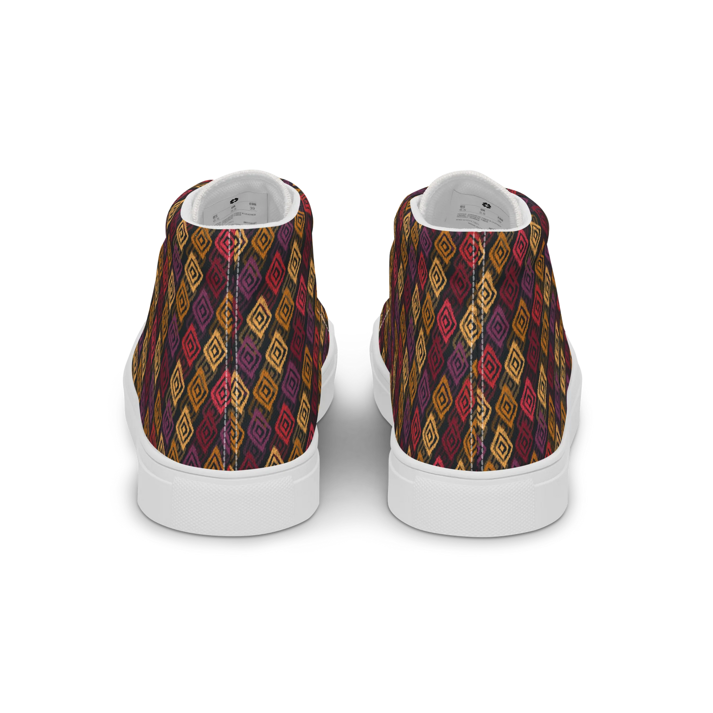 Made with a 100% polyester canvas upper, faux leather toe cap, breathable lining, removable insole, padded collar, lace-up front, and EVA rubber outsole. Designed with white soles and matching white laces. Finished with an all-over multicolor diamond ikat-inspired mosaic sublimation print on the shoe quarters, plus custom branding on the removable insole and inside label.