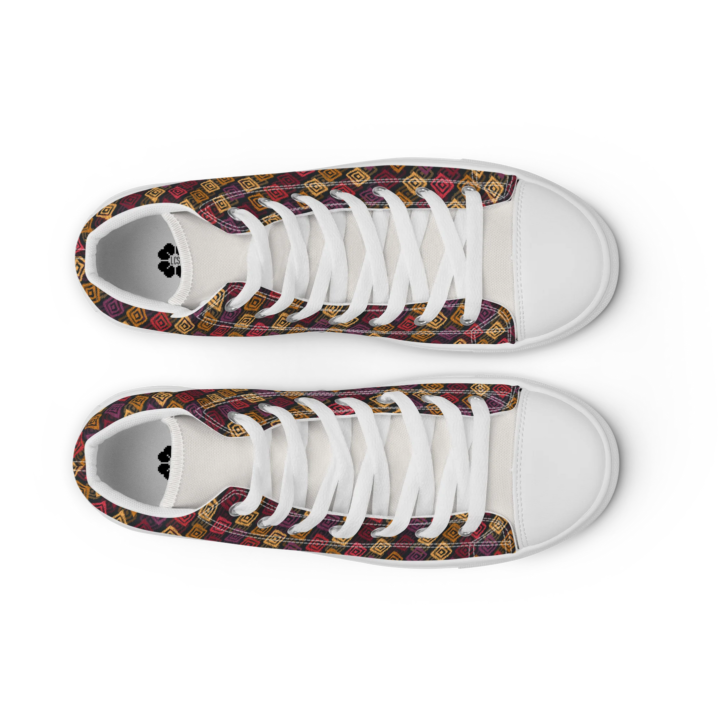 Made with a 100% polyester canvas upper, faux leather toe cap, breathable lining, removable insole, padded collar, lace-up front, and EVA rubber outsole. Designed with white soles and matching white laces. Finished with an all-over multicolor diamond ikat-inspired mosaic sublimation print on the shoe quarters, plus custom branding on the removable insole and inside label.