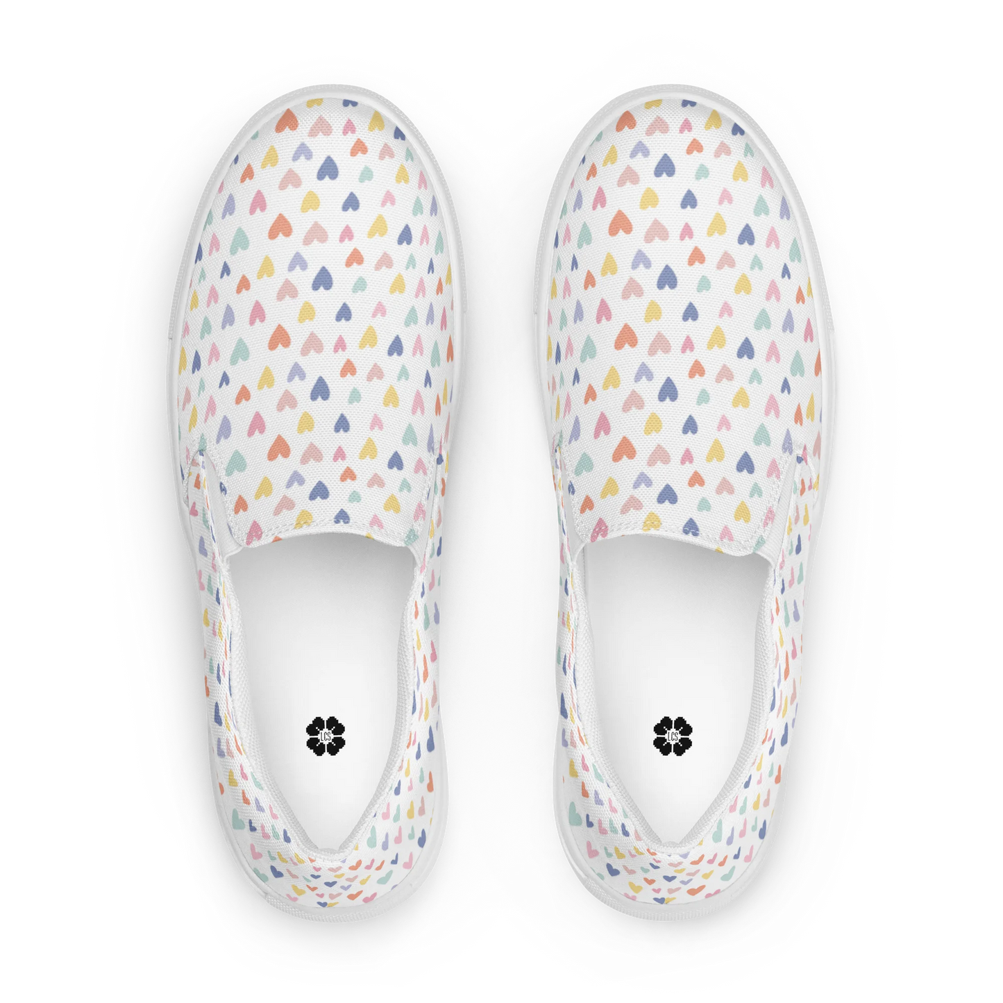 Made with a 100% polyester canvas upper, breathable lining, soft removable insole, elastic side accents, padded collar and tongue, and EVA rubber outsole. Designed with white soles and a slip-on silhouette. Finished with an all-over pastel hearts sublimation print.