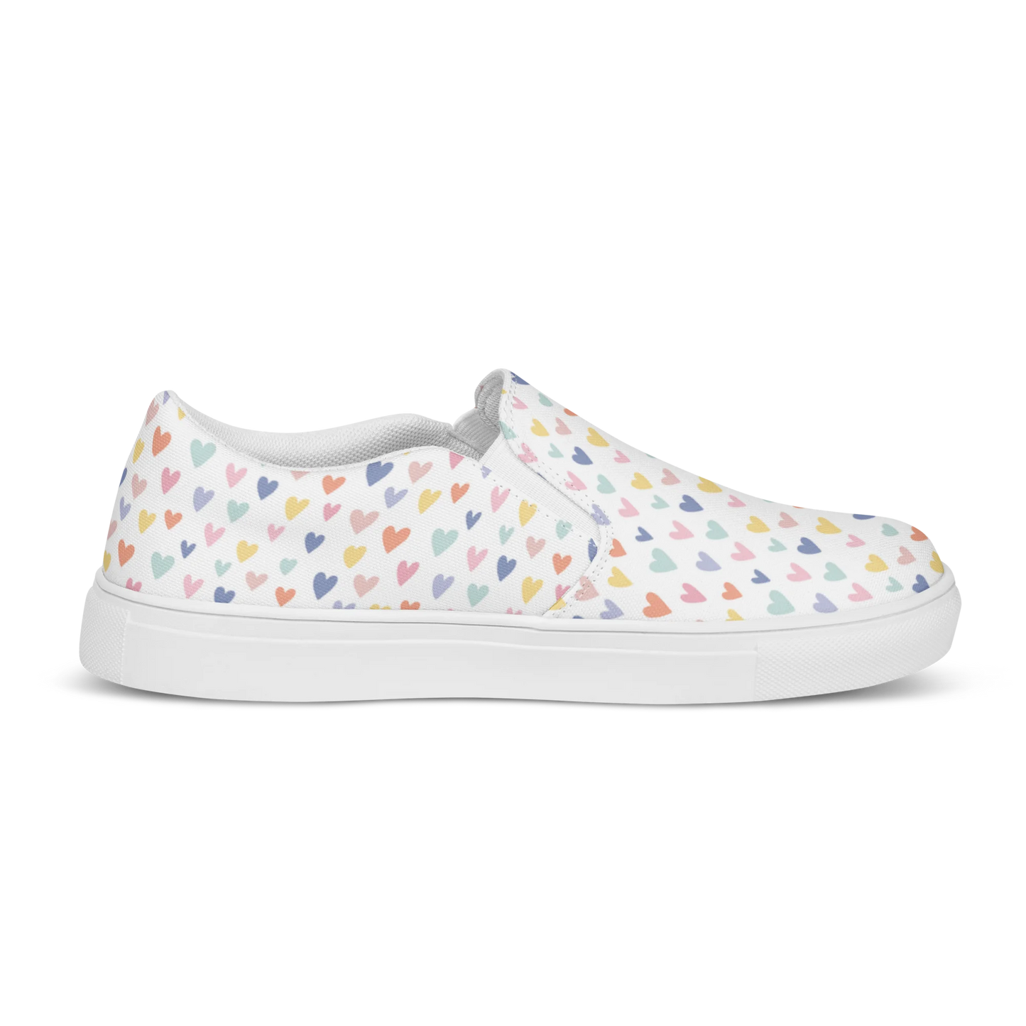 Made with a 100% polyester canvas upper, breathable lining, soft removable insole, elastic side accents, padded collar and tongue, and EVA rubber outsole. Designed with white soles and a slip-on silhouette. Finished with an all-over pastel hearts sublimation print.