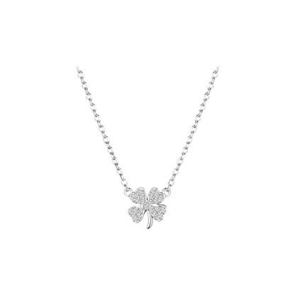 Silver four-leaf clover necklace on a white background