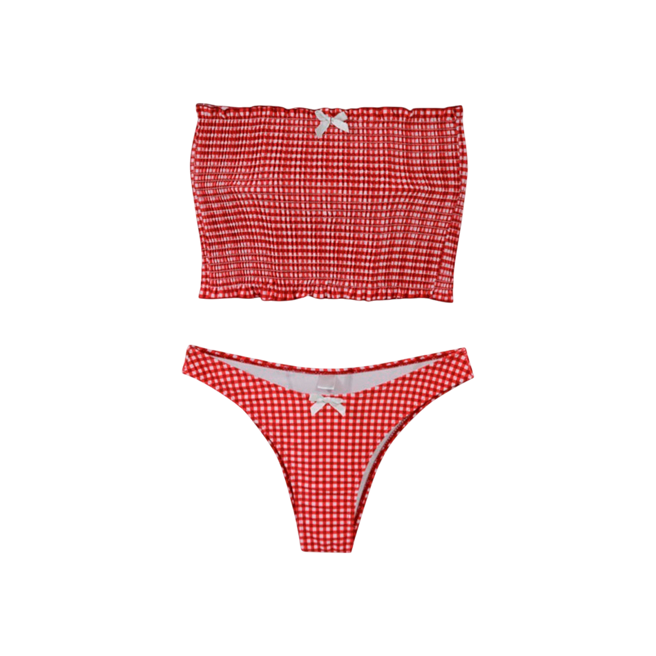 Red and white checkered bikini set on a white background