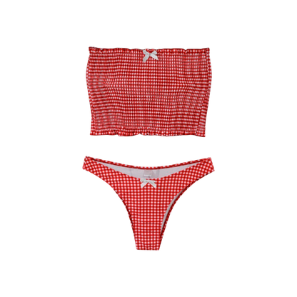 Red and white checkered bikini set on a white background