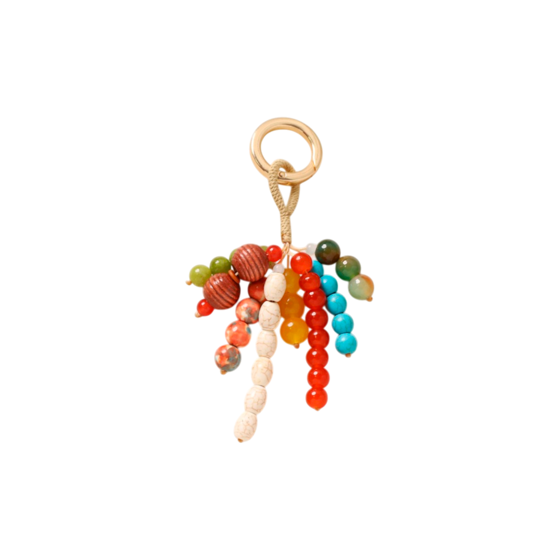 Colorful beaded keychain with a gold ring on a white background