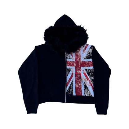 Oversized Cropped Zip Hoodie with Faux-Fur Hood-Le Couture Store