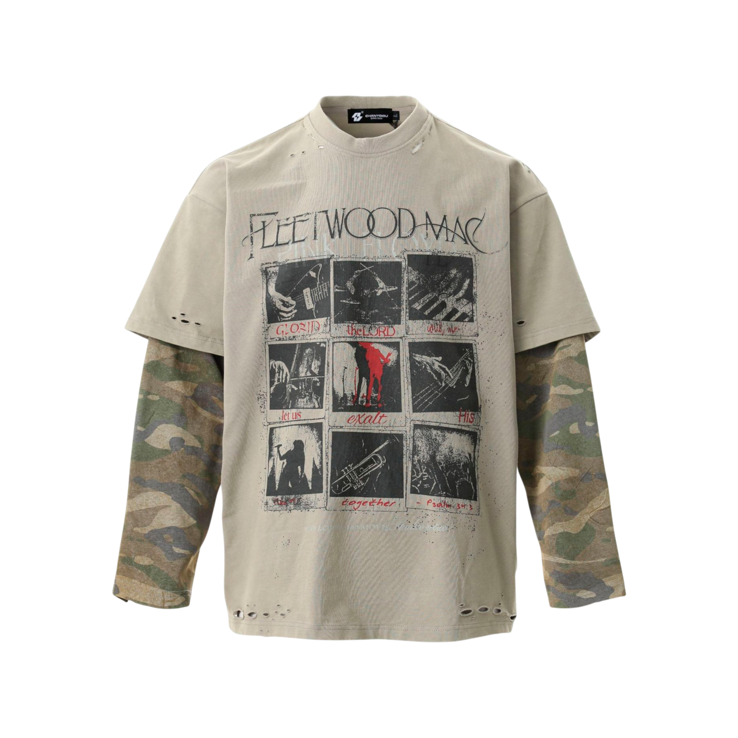 Layered Camo-Sleeve Band Graphic Long-Sleeve Tee-Le Couture Store