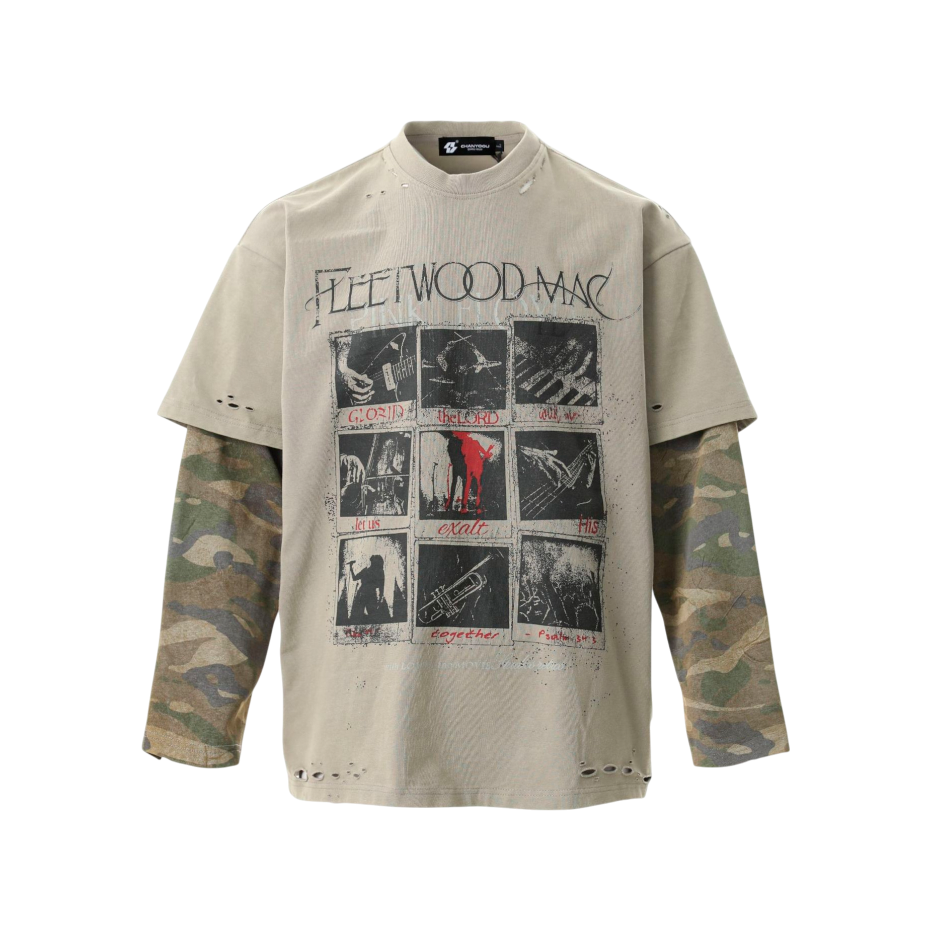 Layered Camo-Sleeve Band Graphic Long-Sleeve Tee-Le Couture Store