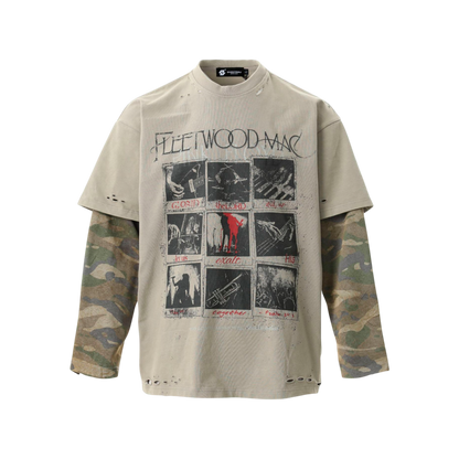 Layered Camo-Sleeve Band Graphic Long-Sleeve Tee-Le Couture Store