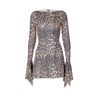 Leopard print dress with long sleeves on a white background