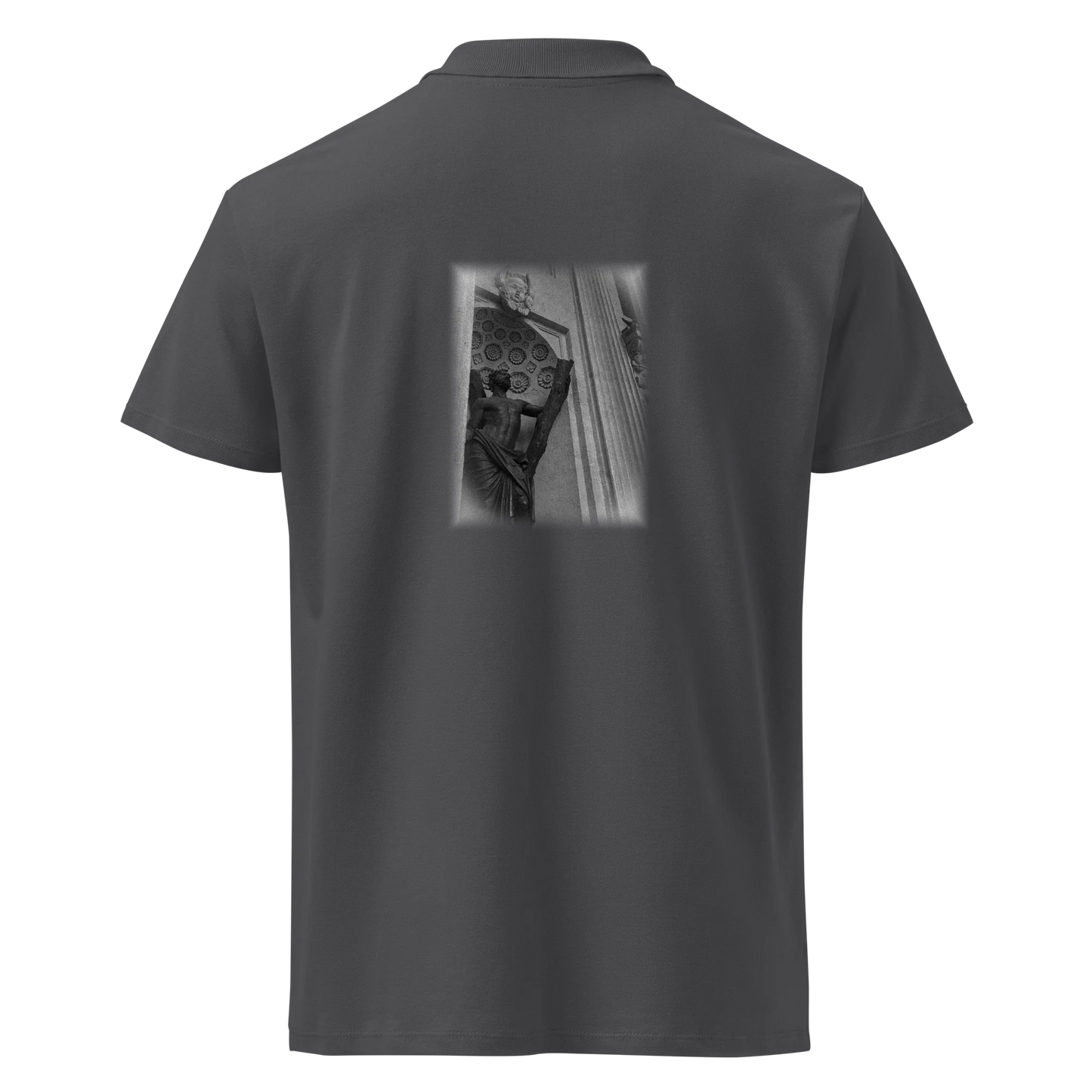 Made from 100% combed ring-spun cotton pique. Fabric weight: 6.2 oz/yd² (210 g/m²). Designed with a regular fit, ribbed collar, tone-on-tone 3-button placket, straight hem with side slits, and a spare button on the inside seam. Finished with a large monochrome DTFlex architecture print on the back.