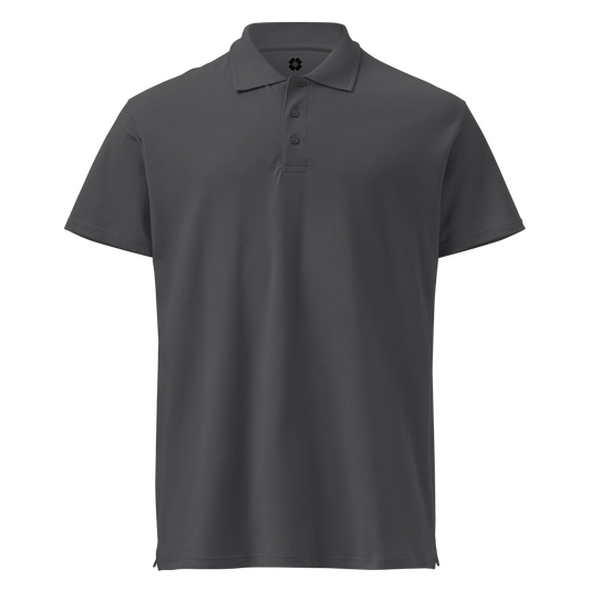 Made from 100% combed ring-spun cotton pique. Fabric weight: 6.2 oz/yd² (210 g/m²). Designed with a regular fit, ribbed collar, tone-on-tone 3-button placket, straight hem with side slits, and a spare button on the inside seam. Finished with a large monochrome DTFlex architecture print on the back.