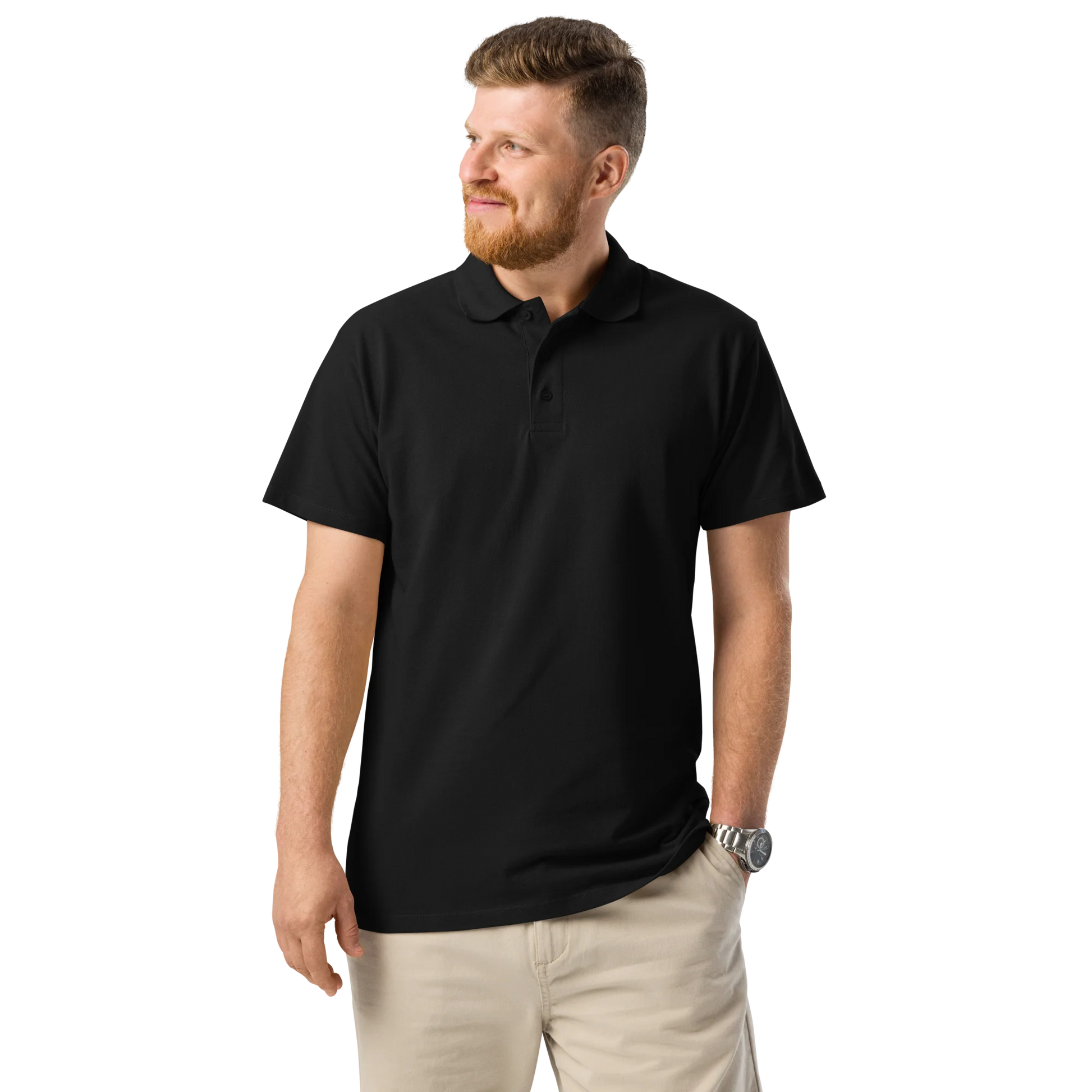 Made from 100% combed ring-spun cotton pique. Fabric weight: 6.2 oz/yd² (210 g/m²). Designed with a regular fit, ribbed collar, tone-on-tone 3-button placket, straight hem with side slits, and a spare button on the inside seam. Finished with a large monochrome DTFlex architecture print on the back.