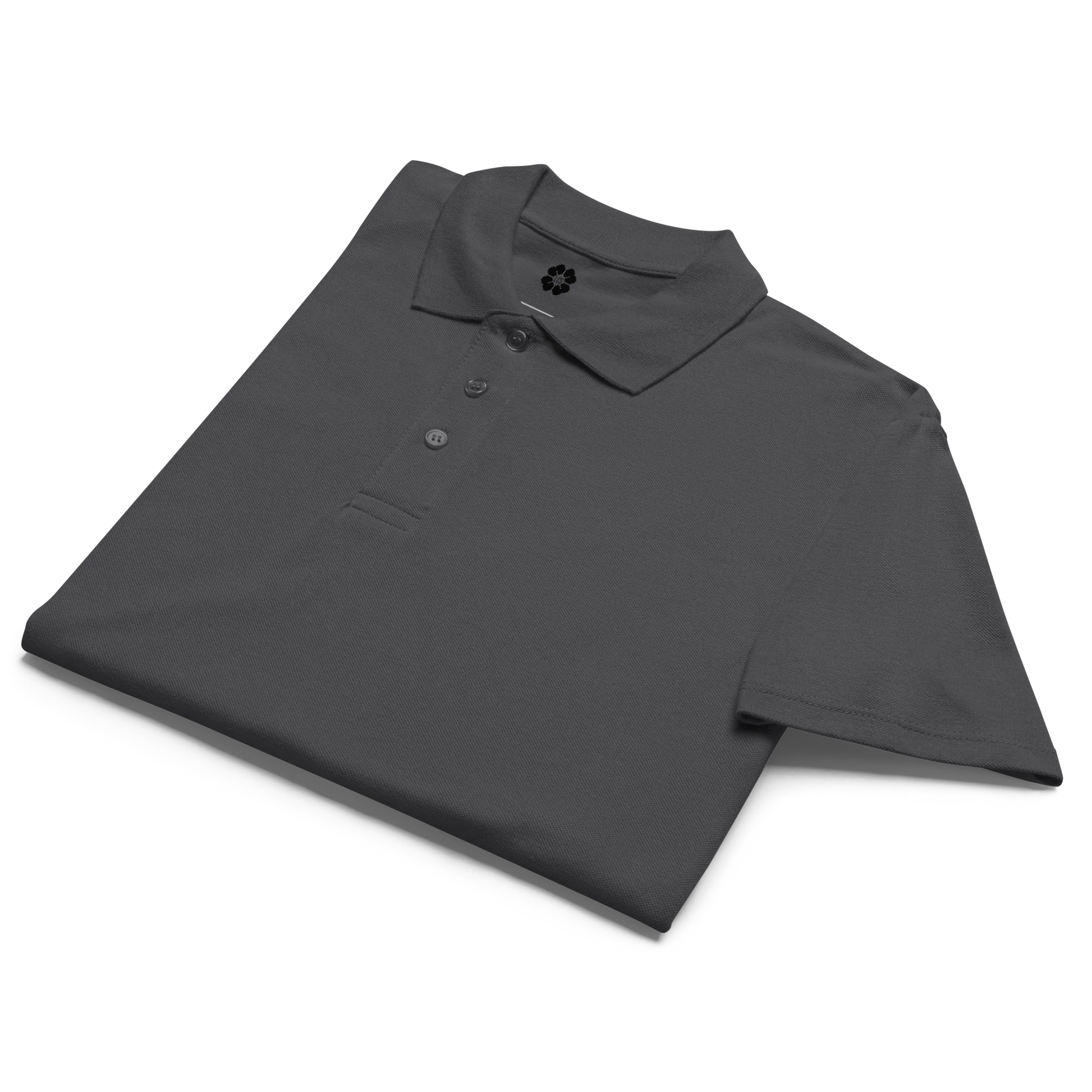 Made from 100% combed ring-spun cotton pique. Fabric weight: 6.2 oz/yd² (210 g/m²). Designed with a regular fit, ribbed collar, tone-on-tone 3-button placket, straight hem with side slits, and a spare button on the inside seam. Finished with a large monochrome DTFlex architecture print on the back.