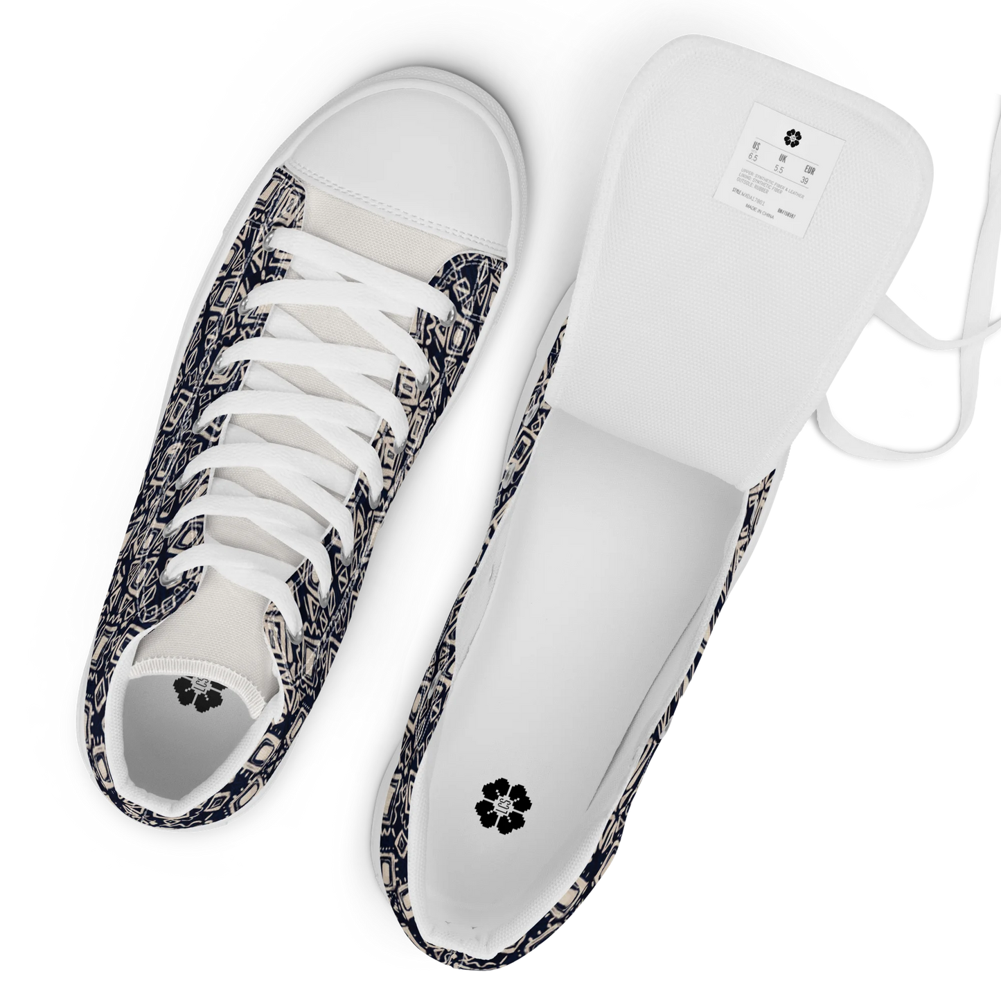 Made with a 100% polyester canvas upper, faux leather toe cap, breathable lining, removable insole, padded collar, lace-up front, and EVA rubber outsole. Designed with white soles and matching white laces. Finished with an all-over black and beige geometric sublimation print on the shoe quarters, plus custom branding on the tongue and inside label