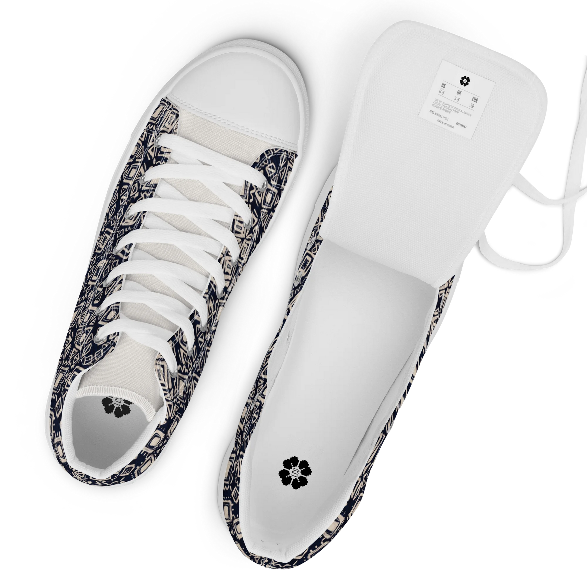 Made with a 100% polyester canvas upper, faux leather toe cap, breathable lining, removable insole, padded collar, lace-up front, and EVA rubber outsole. Designed with white soles and matching white laces. Finished with an all-over black and beige geometric sublimation print on the shoe quarters, plus custom branding on the tongue and inside label