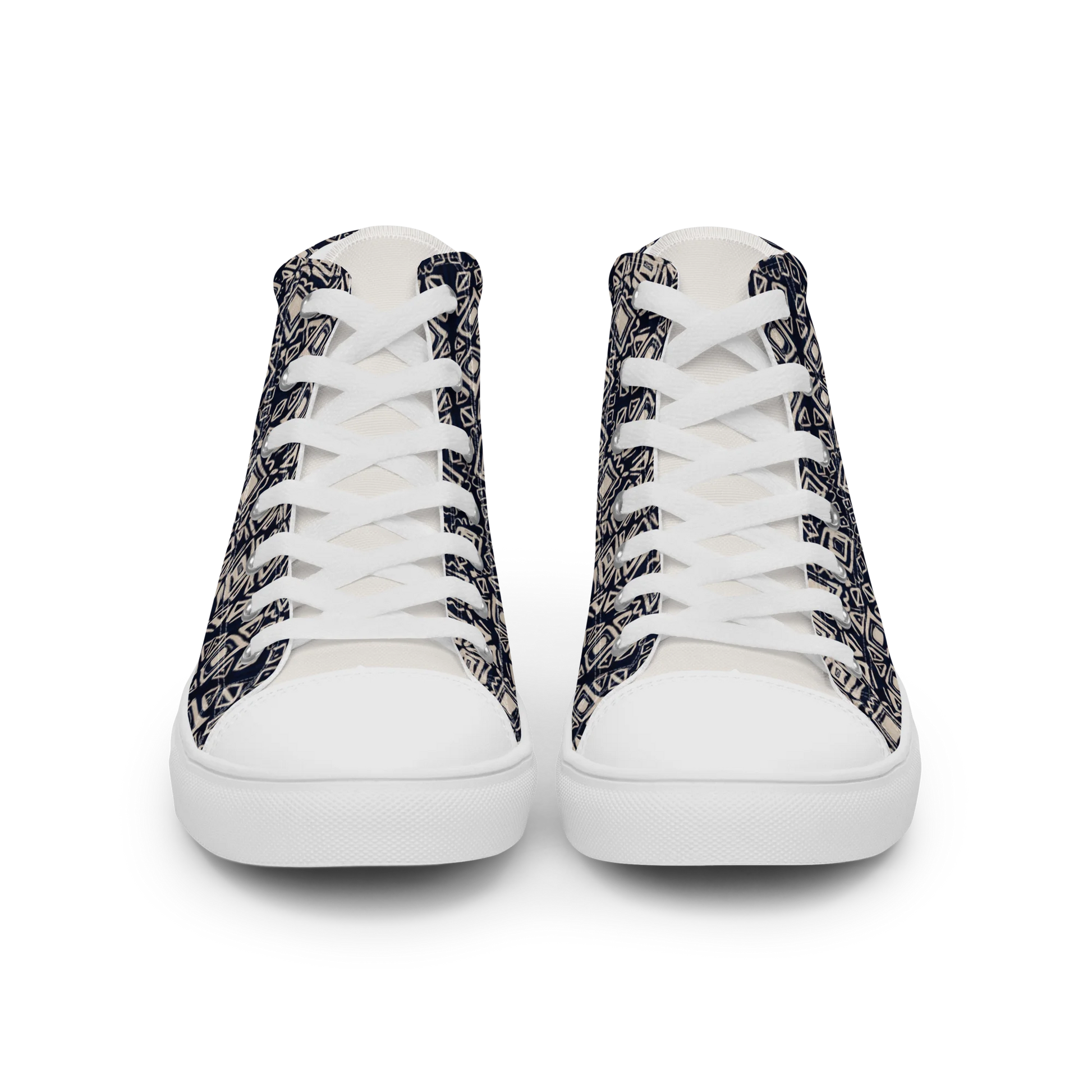 Made with a 100% polyester canvas upper, faux leather toe cap, breathable lining, removable insole, padded collar, lace-up front, and EVA rubber outsole. Designed with white soles and matching white laces. Finished with an all-over black and beige geometric sublimation print on the shoe quarters, plus custom branding on the tongue and inside label