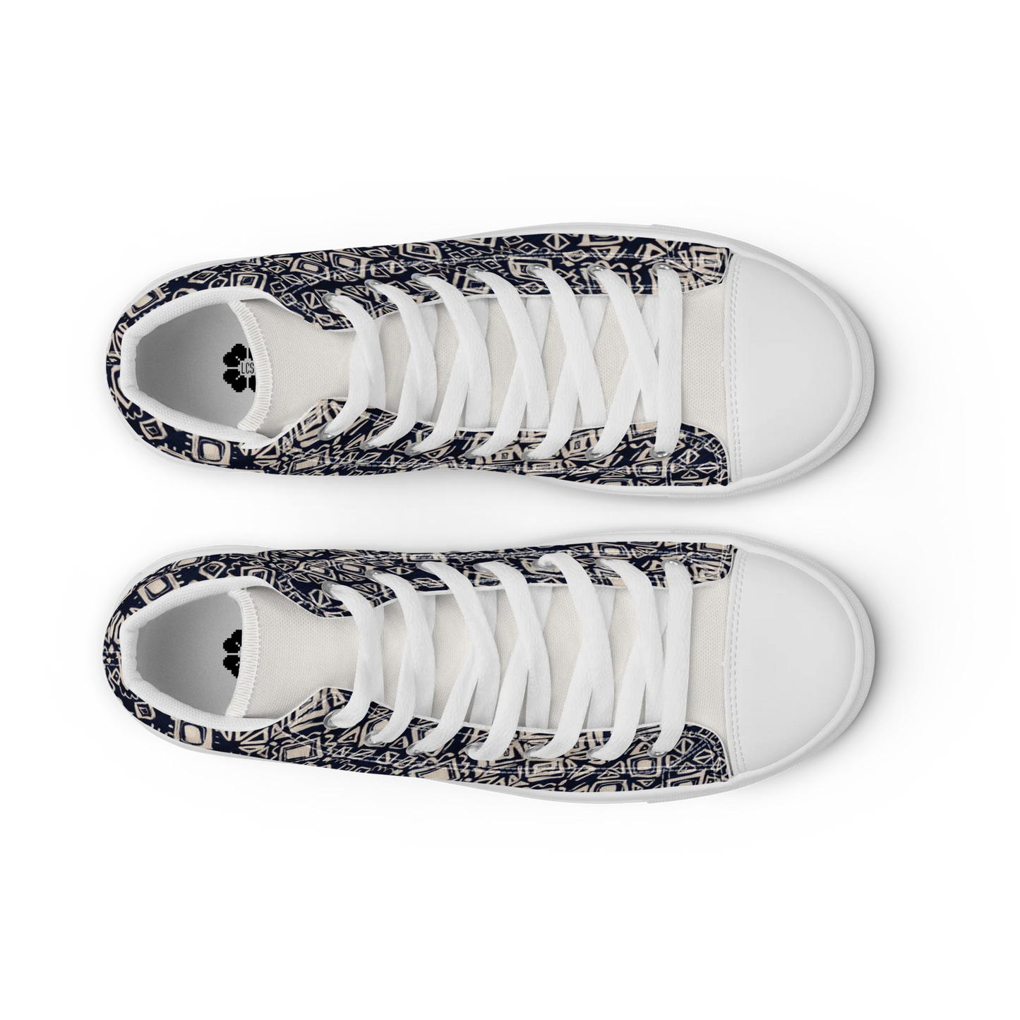 Made with a 100% polyester canvas upper, faux leather toe cap, breathable lining, removable insole, padded collar, lace-up front, and EVA rubber outsole. Designed with white soles and matching white laces. Finished with an all-over black and beige geometric sublimation print on the shoe quarters, plus custom branding on the tongue and inside label