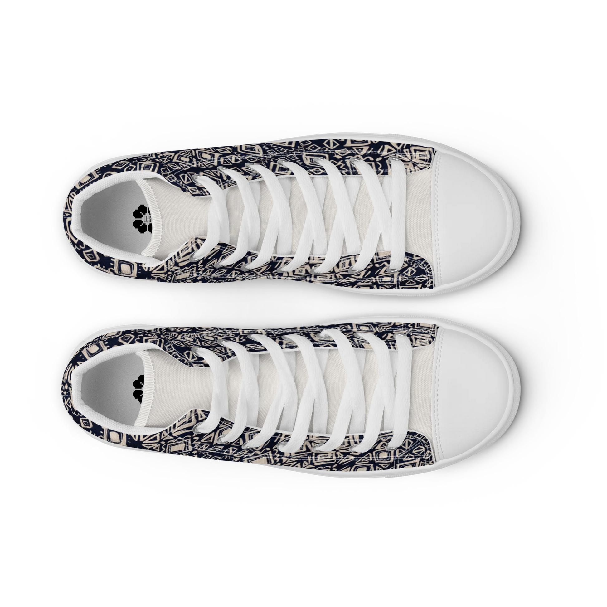 Made with a 100% polyester canvas upper, faux leather toe cap, breathable lining, removable insole, padded collar, lace-up front, and EVA rubber outsole. Designed with white soles and matching white laces. Finished with an all-over black and beige geometric sublimation print on the shoe quarters, plus custom branding on the tongue and inside label