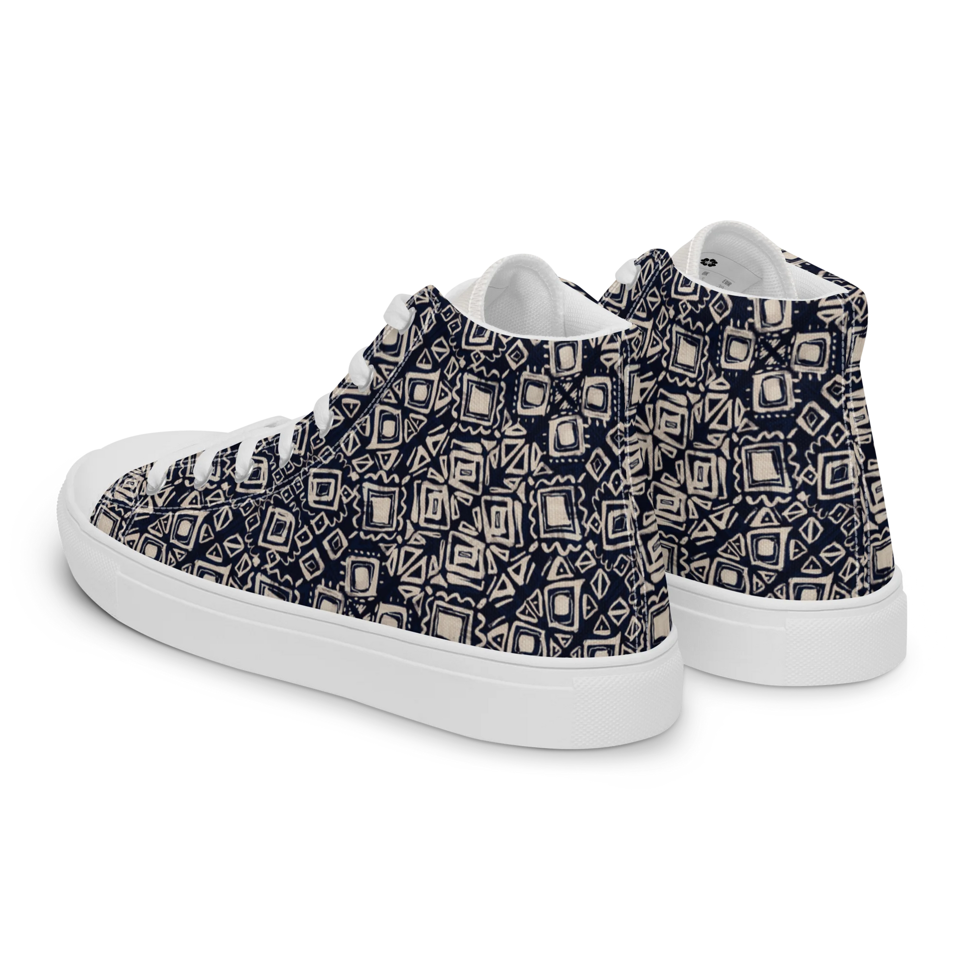 Made with a 100% polyester canvas upper, faux leather toe cap, breathable lining, removable insole, padded collar, lace-up front, and EVA rubber outsole. Designed with white soles and matching white laces. Finished with an all-over black and beige geometric sublimation print on the shoe quarters, plus custom branding on the tongue and inside label
