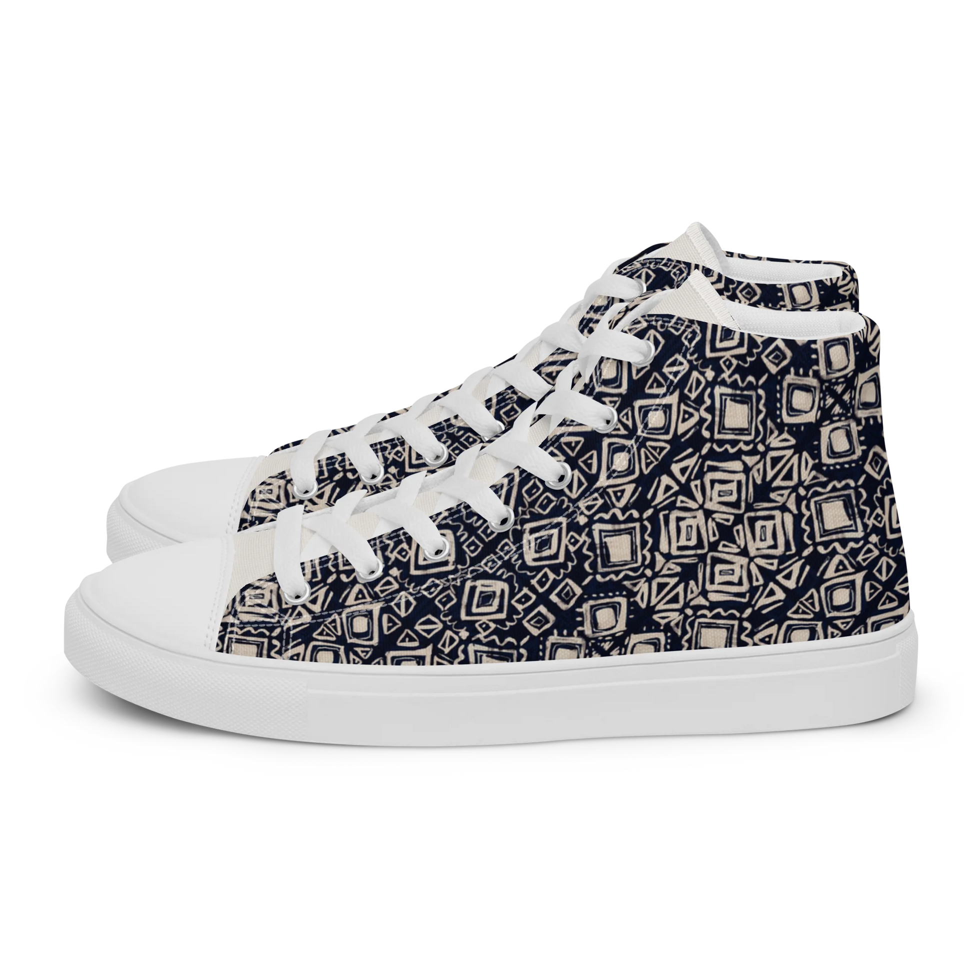 Made with a 100% polyester canvas upper, faux leather toe cap, breathable lining, removable insole, padded collar, lace-up front, and EVA rubber outsole. Designed with white soles and matching white laces. Finished with an all-over black and beige geometric sublimation print on the shoe quarters, plus custom branding on the tongue and inside label