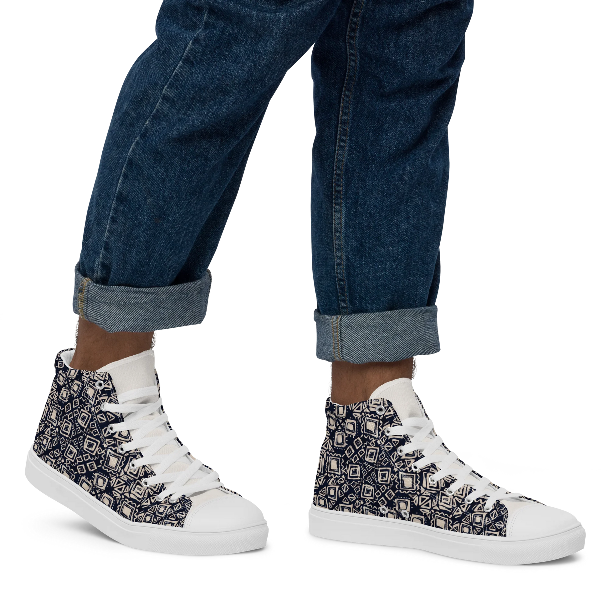 Made with a 100% polyester canvas upper, faux leather toe cap, breathable lining, removable insole, padded collar, lace-up front, and EVA rubber outsole. Designed with white soles and matching white laces. Finished with an all-over black and beige geometric sublimation print on the shoe quarters, plus custom branding on the tongue and inside label