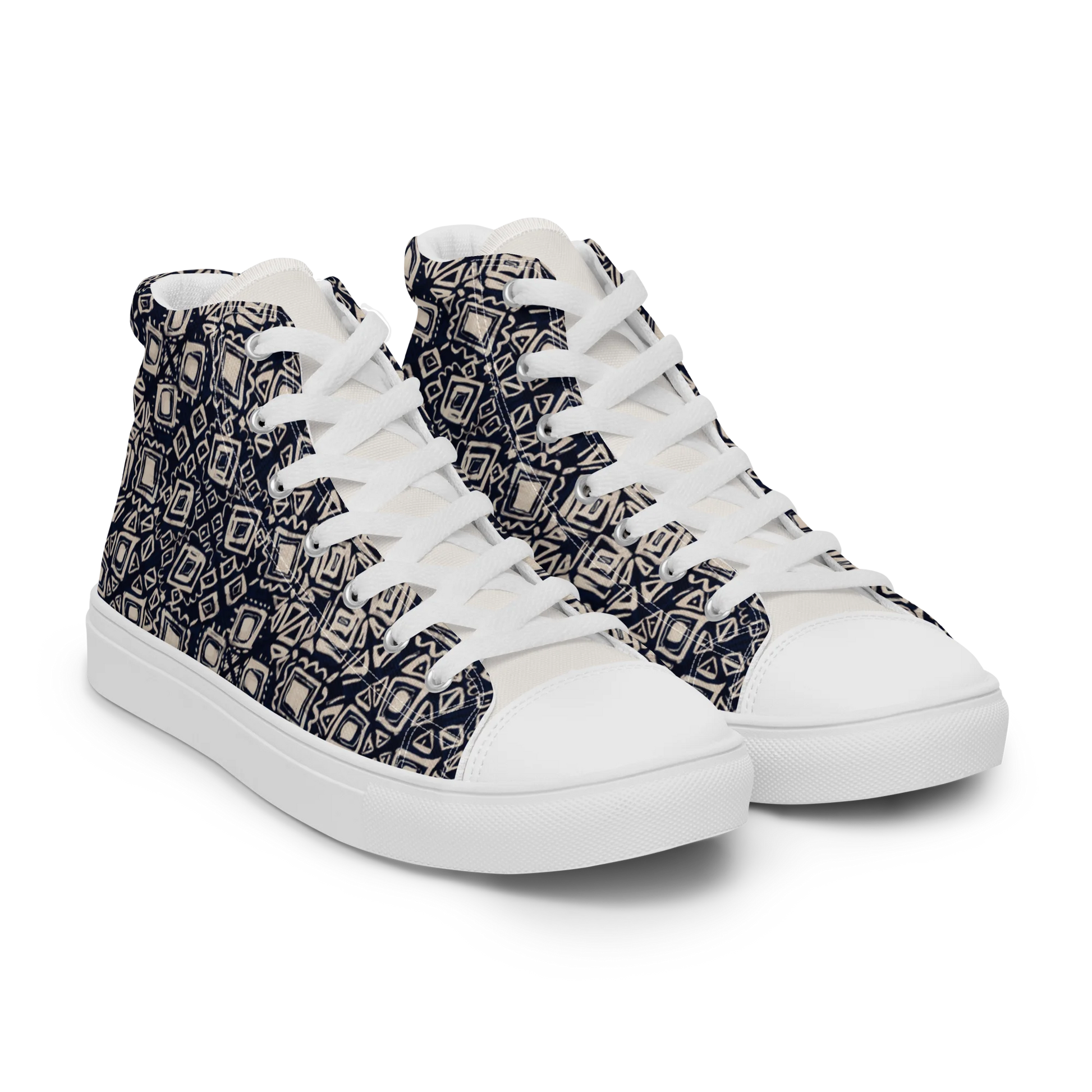 Made with a 100% polyester canvas upper, faux leather toe cap, breathable lining, removable insole, padded collar, lace-up front, and EVA rubber outsole. Designed with white soles and matching white laces. Finished with an all-over black and beige geometric sublimation print on the shoe quarters, plus custom branding on the tongue and inside label