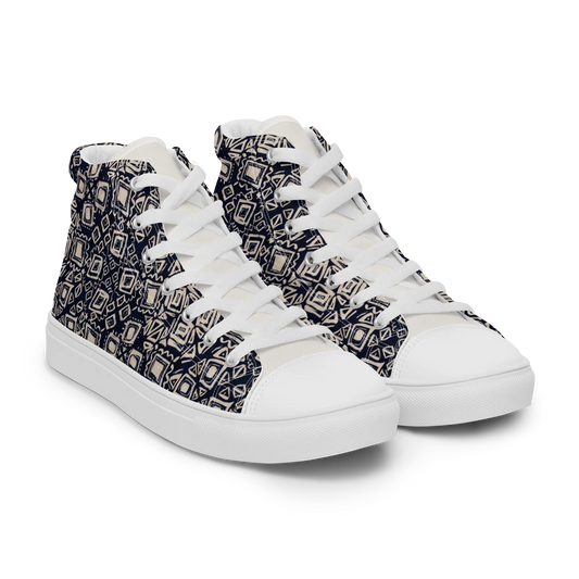 Made with a 100% polyester canvas upper, faux leather toe cap, breathable lining, removable insole, padded collar, lace-up front, and EVA rubber outsole. Designed with white soles and matching white laces. Finished with an all-over black and beige mudcloth-inspired geometric sublimation print on the shoe quarters, plus custom branding on the removable insole and inside label.
