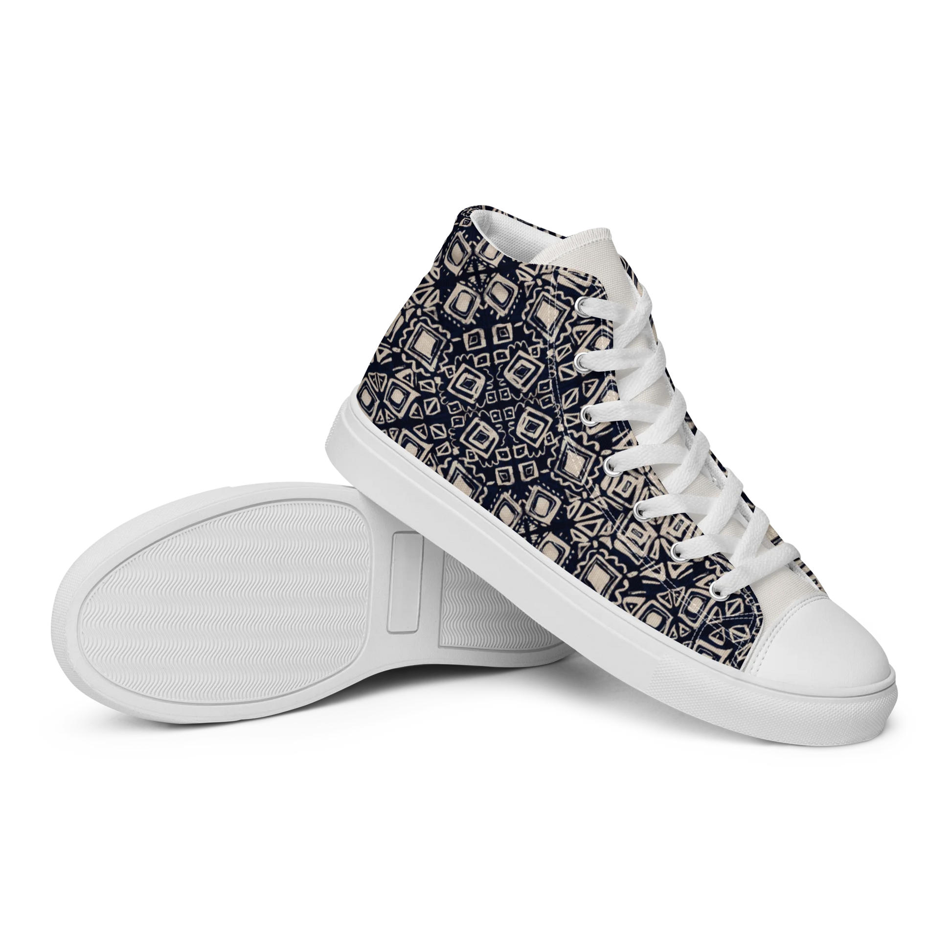 Made with a 100% polyester canvas upper, faux leather toe cap, breathable lining, removable insole, padded collar, lace-up front, and EVA rubber outsole. Designed with white soles and matching white laces. Finished with an all-over black and beige geometric sublimation print on the shoe quarters, plus custom branding on the tongue and inside label