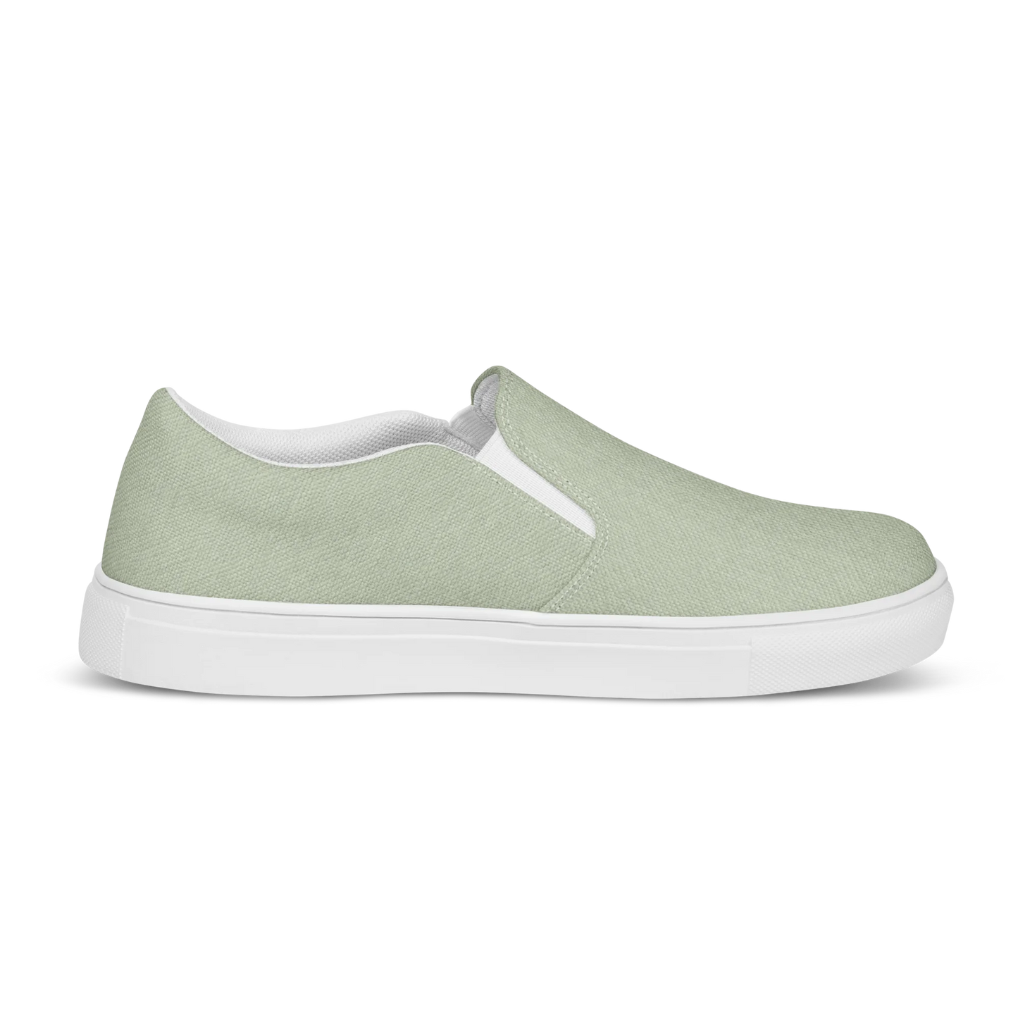 Made with a 100% polyester canvas upper, breathable lining, soft removable insole, elastic side accents, padded collar and tongue, and an EVA rubber outsole. Designed with a white sole and an easy slip-on silhouette. Finished with an all-over soft sage sublimation print that recreates the appearance of a subtle washed-fabric grain.