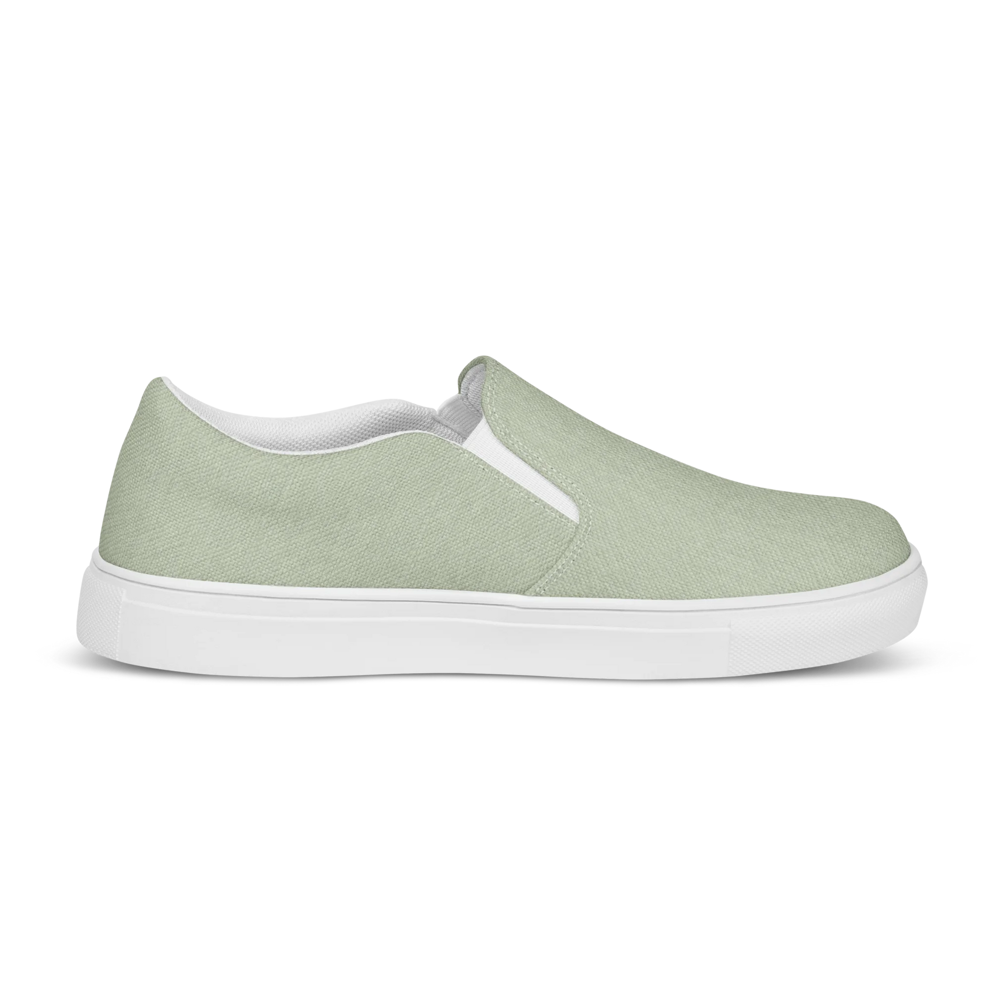 Made with a 100% polyester canvas upper, breathable lining, soft removable insole, elastic side accents, padded collar and tongue, and an EVA rubber outsole. Designed with a white sole and an easy slip-on silhouette. Finished with an all-over soft sage sublimation print that recreates the appearance of a subtle washed-fabric grain.