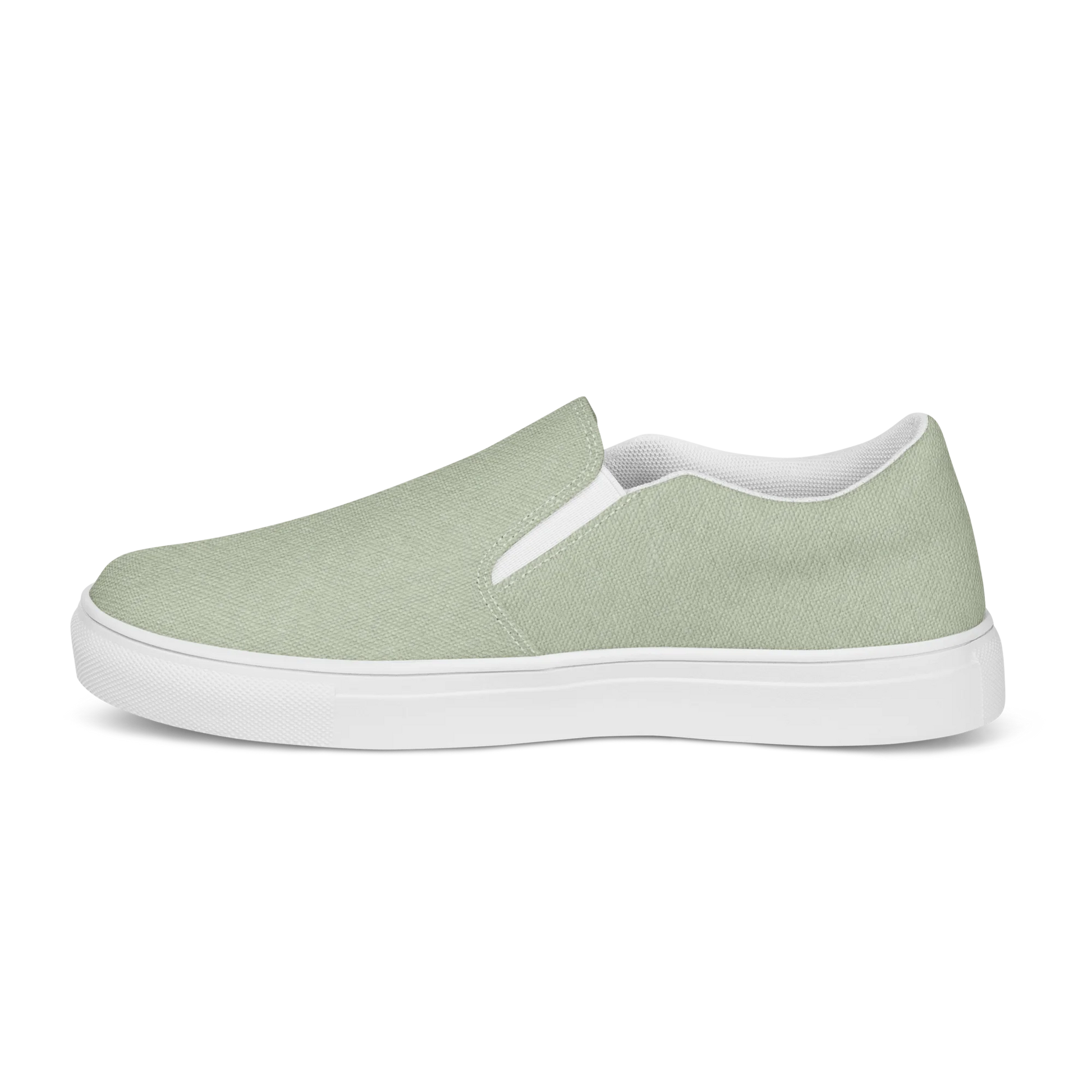 Made with a 100% polyester canvas upper, breathable lining, soft removable insole, elastic side accents, padded collar and tongue, and an EVA rubber outsole. Designed with a white sole and an easy slip-on silhouette. Finished with an all-over soft sage sublimation print that recreates the appearance of a subtle washed-fabric grain.